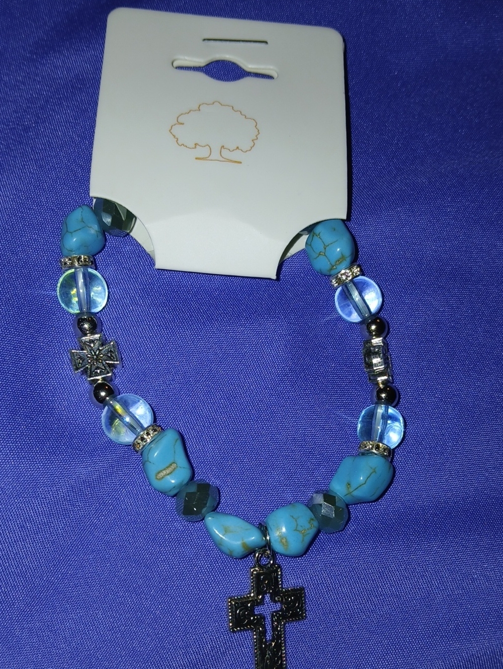 Turquoise Bead Cross Stretch Bracelet - Blue